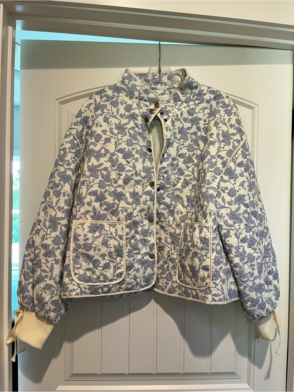 Impressions Quilted Floral Puffer Jacket with Front Pockets - Blue and White